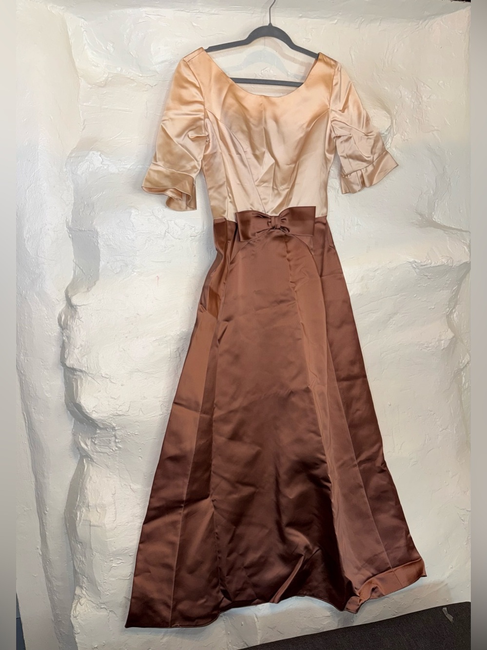 Two-Tone Satin Evening Gown with Bow Waist